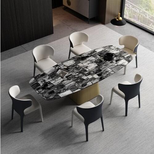 Minimalist rock plate dining table rectangular marble table stainless steel dining table