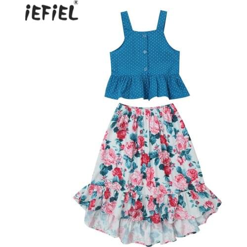 New Kids Clothes Girls Sleeveless Polka Dots Ruffle Hem Peplum T-shirt Vest Tops + Floral Print Skirt 2Pcs Girls Clothing Set