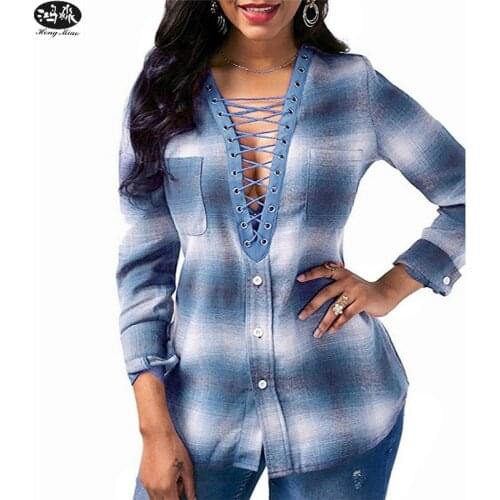 2019 Spring New Women T-shirt Sexy Deep V-Neck Bandage Plaid Long-sleeved Shirt Women T-shirt 2020