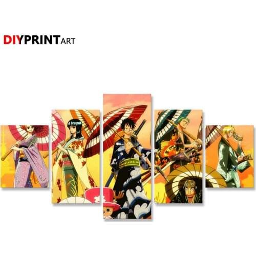 One Piece Luffy Sanji Zoro Robin Nami 5 Panels Modern Art Wall Painting for Living Room A2017