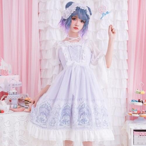 Original Sky Dream Jsk Vintage Kawaii Princess Dress Ruffle Women Lolita Dress Cosplay Costume Girl Lace Bow Lilac Sling Dress
