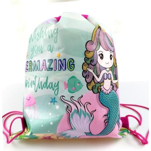 10pcs/lot Mermaid Theme Backpack Happy Birthday Party Non-woven Fabrics Drawstring Gift Bag Baby Shower Decorate Soccer Mochila
