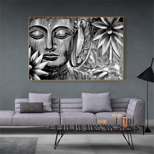 Gray Buddha Statue Canvas Paintings Religious Buddhist Artworks Buddha Face Poster Home Decor for Living Room Bedroom Decoration