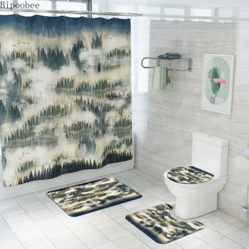 Bipoobee Cloud Forest Art Fabric Shower Curtain Bathroom Accessories Set Anti Slip Rug Lid Toilet Cover Bath Curtains with Hooks