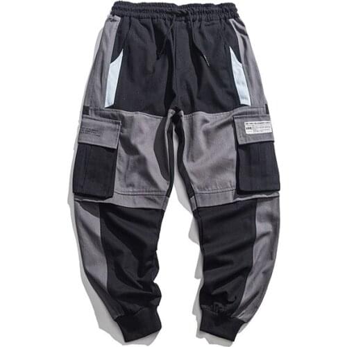 Outdoor 2021 Spring Autumn elastic waist patchwork elastic waist hip hop loose Drawstring Cargo ribbon teenagers pants men