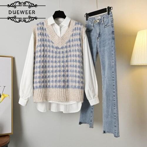 Women Sets 3 Pieces Outfits Knitted Vest Straight Jeans Elegant Shirt Fashion Office Ladies Simple All-match Retro Plus-size 3XL