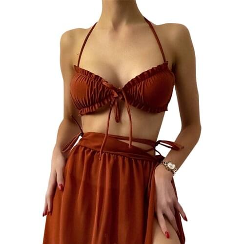 2021 European And American Ladies Split Swimsuit Sexy Pleated Three Piece Suit New Solid Color Bikini Summer Beach Surf Sport
