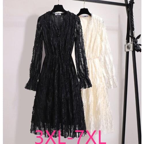 2021 spring autumn plus size long dress for women large slim casual elastic waist lace pleated dresses white 3XL 4XL 5XL 6XL 7XL