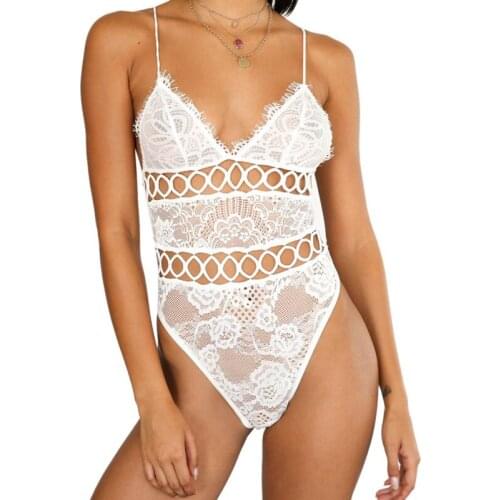 Sexy Hollow Bodysuit V-neck Backless Lingerie Bodysuits Sleeveless Lace Underwear Ladies 2019 Hot Sale