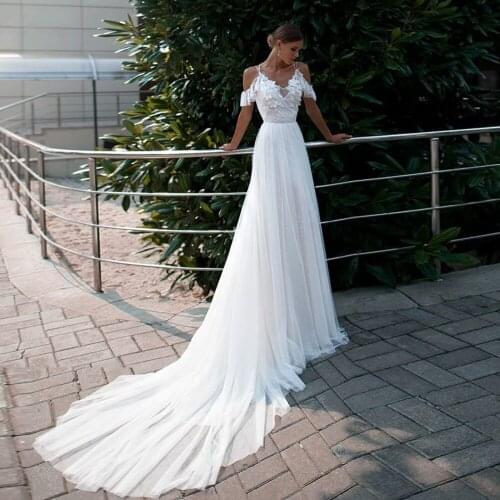 Beading Lace Tulle Flowers Beach Wedding Dresses Boho Vestidos De Novia Shoulder Straps Short Sleeve Elegant Wedding Gowns