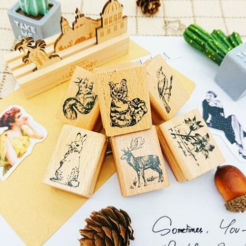 1 Pcs Vintage Animal Bear Rabbit Flower Decoration Wooden Rubber Stamps for Scrapbooking DIY Craft Diary Album Standard Stamps