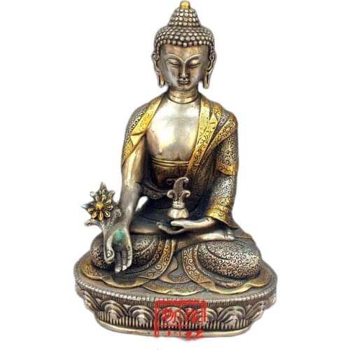 Antique Simulated Copper Silver-plated Gold Samboo Buddha Pharmacist Buddha Bronze Statue Amitabha Buddha