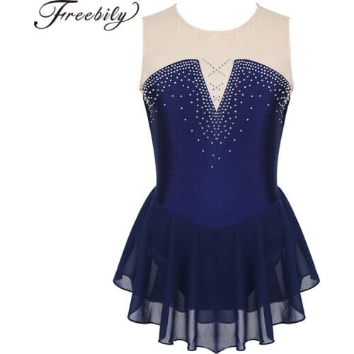 Teen Girls Sparkly Inlaid Rhinestone Mesh Splice Figure Ice Skating Dress Ballroom kids Gymnastics Leotard Ballet Dance Costume