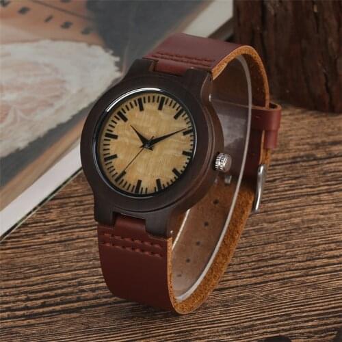 Black Analog Display Ebony Wood Watch Female Quartz Wrist Watches Retro Coffee Brown Genuine Leather Strap Ladies Wooden Clock