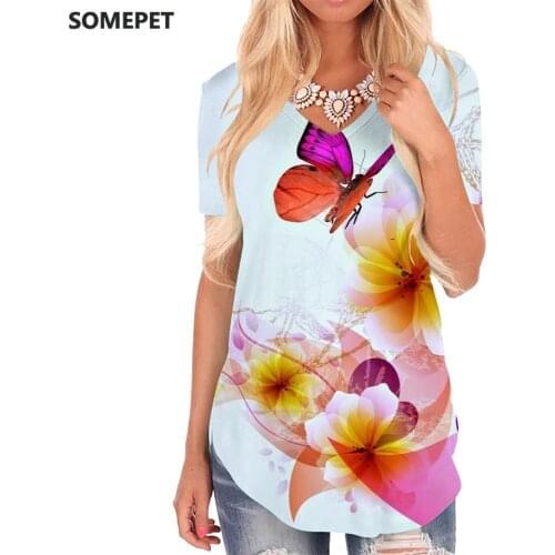 SOMEPET Butterfly T-shirt women Animal Funny T shirts Flower Shirt Print Colorful V-neck Tshirt Womens Clothing Hip hop Cool