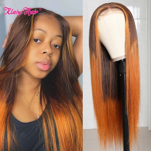 Klaiyi Straight Hair 4X1 T Part Lace Wig Ombre Brown Colored Human Hair Wigs For Women Brazilian Remy Hair Highlight Wig 150