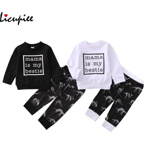 Toddler Boys Clothes Set, Children Letter Print Long Sleeve O-neck Tops + Dinosaur Prints Trousers for Spring Fall 0-3 Years