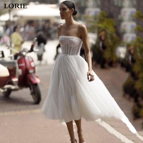 LORIE Boho Short Wedding Dress A Line Strapless Elegant Pleat Tea Length Bride Gown Puff Tulle Corset Party Dresses