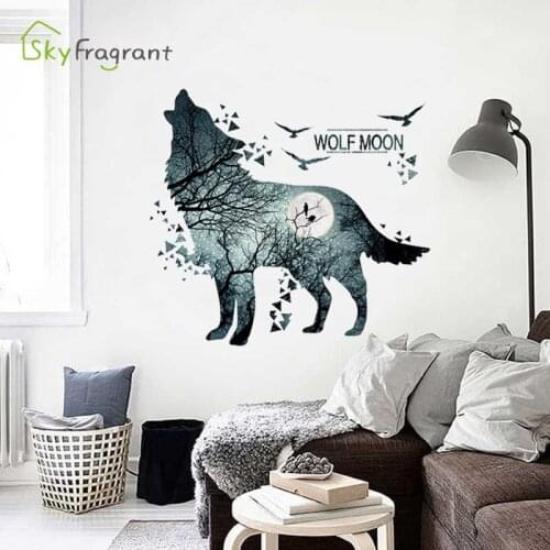 Creative moon silhouette wolf wall sticker creative bedroom living room backgroung wall decor home decor entrance decoration