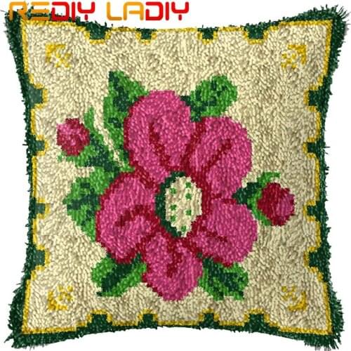 Latch Hook Cushion Pink Flowers Pre-Printed Canvas Cushion Cover Acrylic Yarn Crochet Pillow Case Set Hobby & Crafts Home Decor
