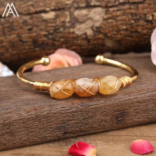 Wire Wrapped Oval Crystal Beads Open Cuff Bracelet For Women Citrines Quartz Beads Adjustable Bracelet Jewelry Gift Dropship