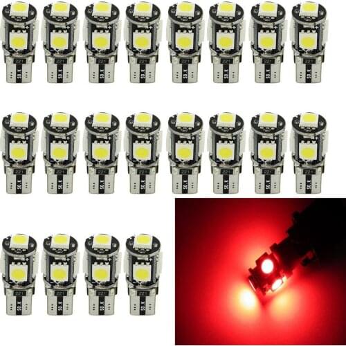 20PCS Red T10 W5W 5050 5SMD LED Canbus Error Free Bulbs For 192 168 194 Clearance Lamps License Plate Lights 12V