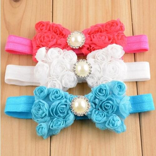 6pcs/lot Chiffon Rosette Bow Headband Rhinestone Center girl Flower Hair Band Hair Bows Free Shipping FD234