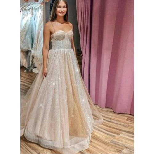 Verngo Sparkly Glitter A Line Wedding Dress Champagne And Ivory Mixed Spaghetti Straps Floor Length Modern Bridal Gowns