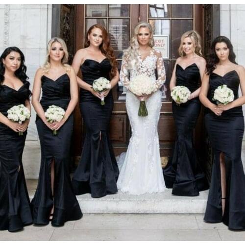 Elegant Mermaid Long Black Side Slit Bridesmaid Dresses Custom Made Lace Up Back Satin Formal Wedding Party Dresses