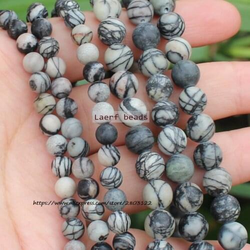 Smooth Natural Stone Black Web Jaspers Loose Spacer Round Beads 15''/ Strand 4-10MM Pick Size For Jewelry Making