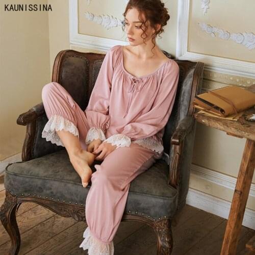 2 Pieces Autumn Women Sleepwear Cotton Lace Pajamas Set Long Sleeve Tops Long Pants Winter Princess Sweet Pajamas Ladies Pyjamas
