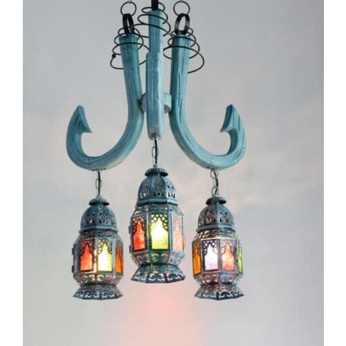 Mediterranean Pendant Lamp antique ocean solid wood chandelier Bohemia Turkish dining room lamp colored glass chandelier
