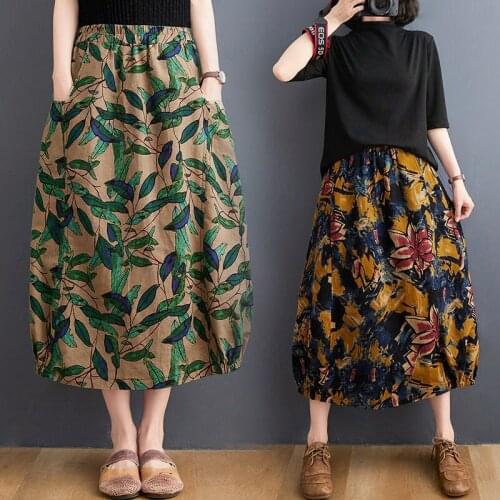 Summer Cotton And Linen Skirt Plus Size Womens Literary Retro Printed Elastic High Waist Mid-Length Casual Lantern Skirt zh1221