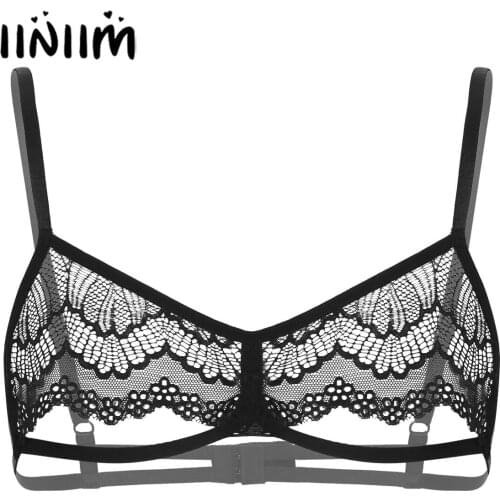 Mens Hot See Through Sheer Lace Lingerie Bras Open Nipples Sissy Gay Exotic Underwear Hollow Out Wire-free Unlined Sissy Bra Top