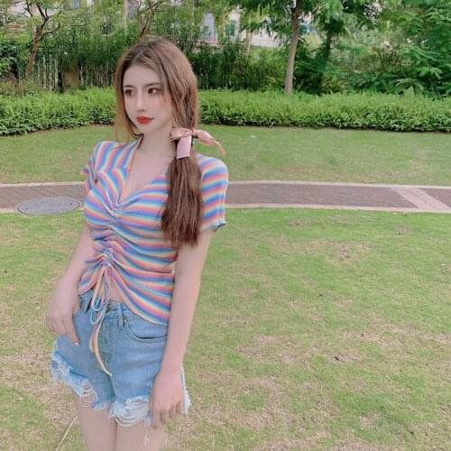 Korean Fashion Rainbow Striped T Shirt Women Short Sleeve 2021 Summer T-shirt Round Neck Sweet Crop Tops Tee for Girls