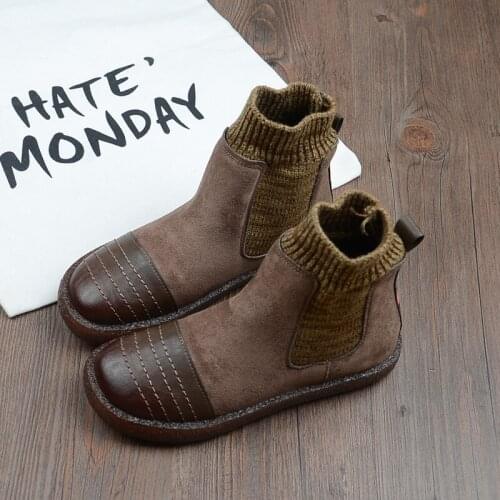 Mori Literary Retro Wool Mouth Short Boots Flats Ankle Boots Handmade Soft Bottom Womens Boots Plus Velvet Warm Chelsea Boots