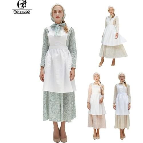 ROLECOS Victorian Fashion Women Dress Hat Apron Cotton Long Sleeve Maid Lolita Dress Floral Print Retro Vintage Medieval Dress