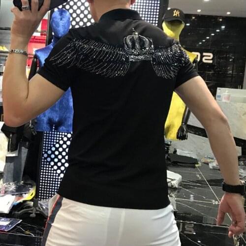 Summer High Quality Youth Lapel Rhinestone Design Male Casual Short Sleeve Comfort Breathable Mens Pure Cotton Polo Shirt