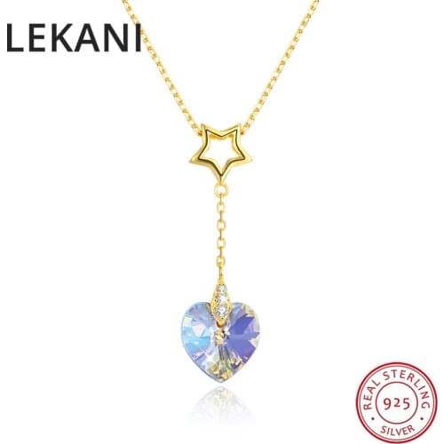 LEKANI S925 Silver Fine Jewelry Gold Plated Long Chain Heart Pendant Necklaces Colorful Beads Crystals From Swarovski For Women