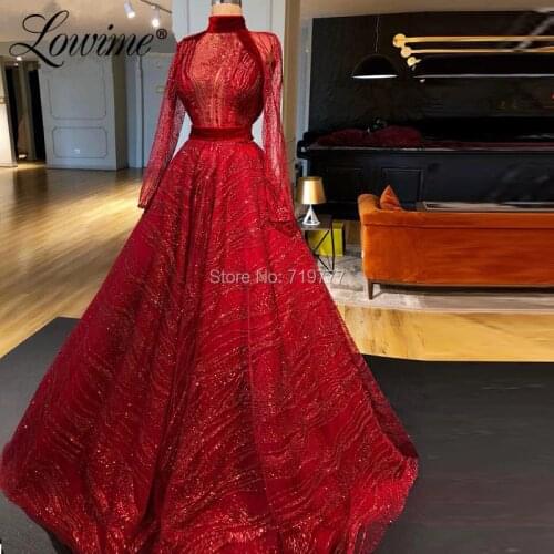 Red Glitter African Prom Dresses Muslim Formal Evening Gown For Middle East Robe De Soiree 2019 Arabic Dubai Party Gowns Kaftans