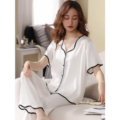 Women Satin Pajamas Ruffle Ede White Bedroom Short Sleepwear PJs Pijama Feminino Mujer Dormir Home Clothes Ice Silk Pyjama Femme