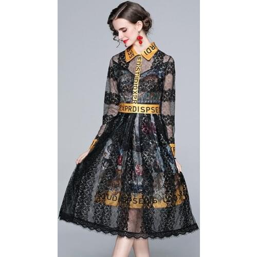 High Quality Designer Runway Summer Clothing Women 2021 Elegant Long Sleeve Floral Embroidery Lace Patchwork Midi Dress k6381