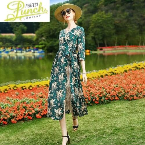 Summer 100% Real Silk Floral Midi Dresses for Women Elegant Green Dress Fashion 2021 V Neck Vestido KML20A4120 Pph412