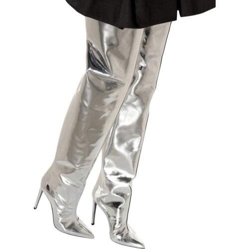 2021 Spring Womens Boot Silver Patent Leather High Heel Over The Knee Boots Sexy Thin Heels Thigh High Boots Shoes Botas Mujer