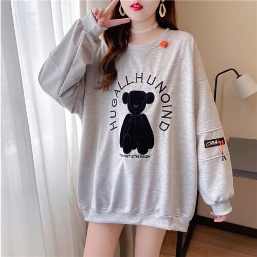 Womens Sweatshirts O-neck Loose Long Sleeve Hoodies Korean Girls Oversized Harajuku Tops Cute Bear Letter Embroidery Pullover