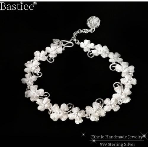 999 Sterling Silver Flower Bracelet Armband Bracelets For Women Luxury Jewelry Ethnic Miao Silver Handmade bransoletki damskie