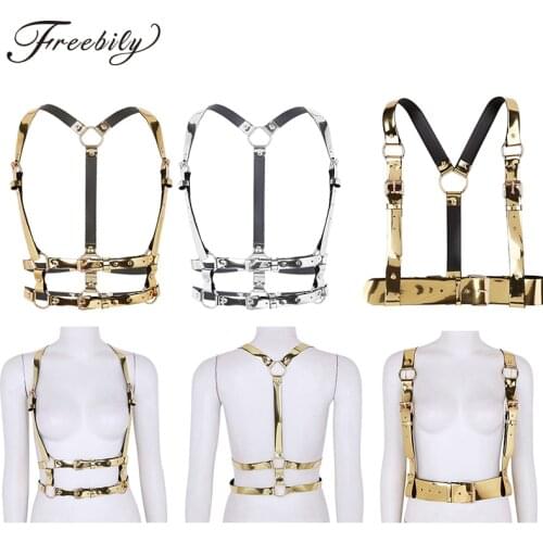 Unisex New Fashion Punk Rave Festival Faux Leather Sexy bondage harness Gold Belt Women Men Waist Belt Club Party Strap Top