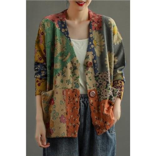 21Women Sweaters Autumn Spring Mori Girl Style Loose Print Pockets Single-Breasted Mink Cashmere Female Fashion Knit Cardigan