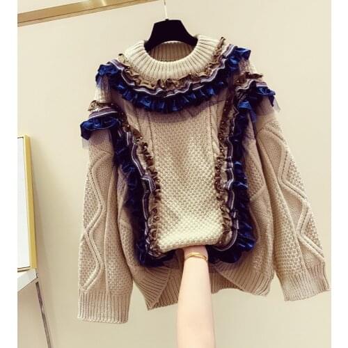 Woman Sweater Autumn Winter Clothes New Lotus Leaf Edge Knitted Coat Femme Loose Oversized Jumper Mujer