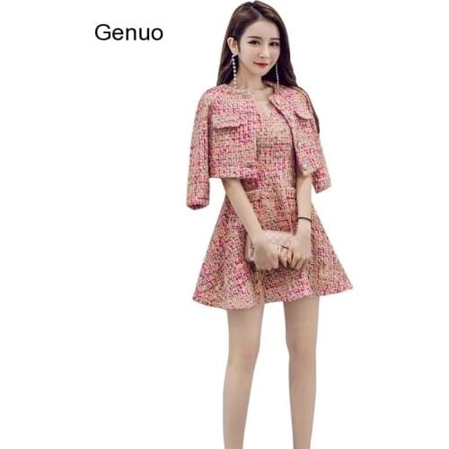 Tweed Suit Woman High Quality Two Piece Sets Autumn Clothes Women Tweed Mini Dresses + Long Sleeve Short Blazer Jacket Suit 2020